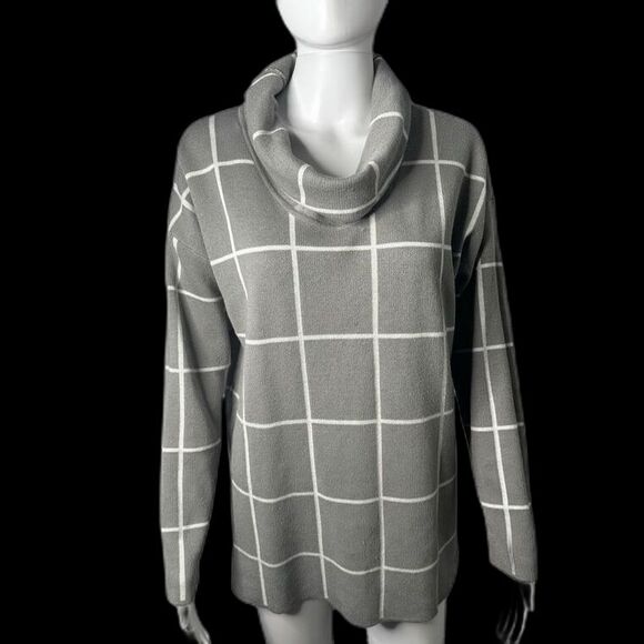 Calvin Klein Sweater Womens Medium Turtleneck Gray Windowpane Knit Pullover - Picture 1 of 7